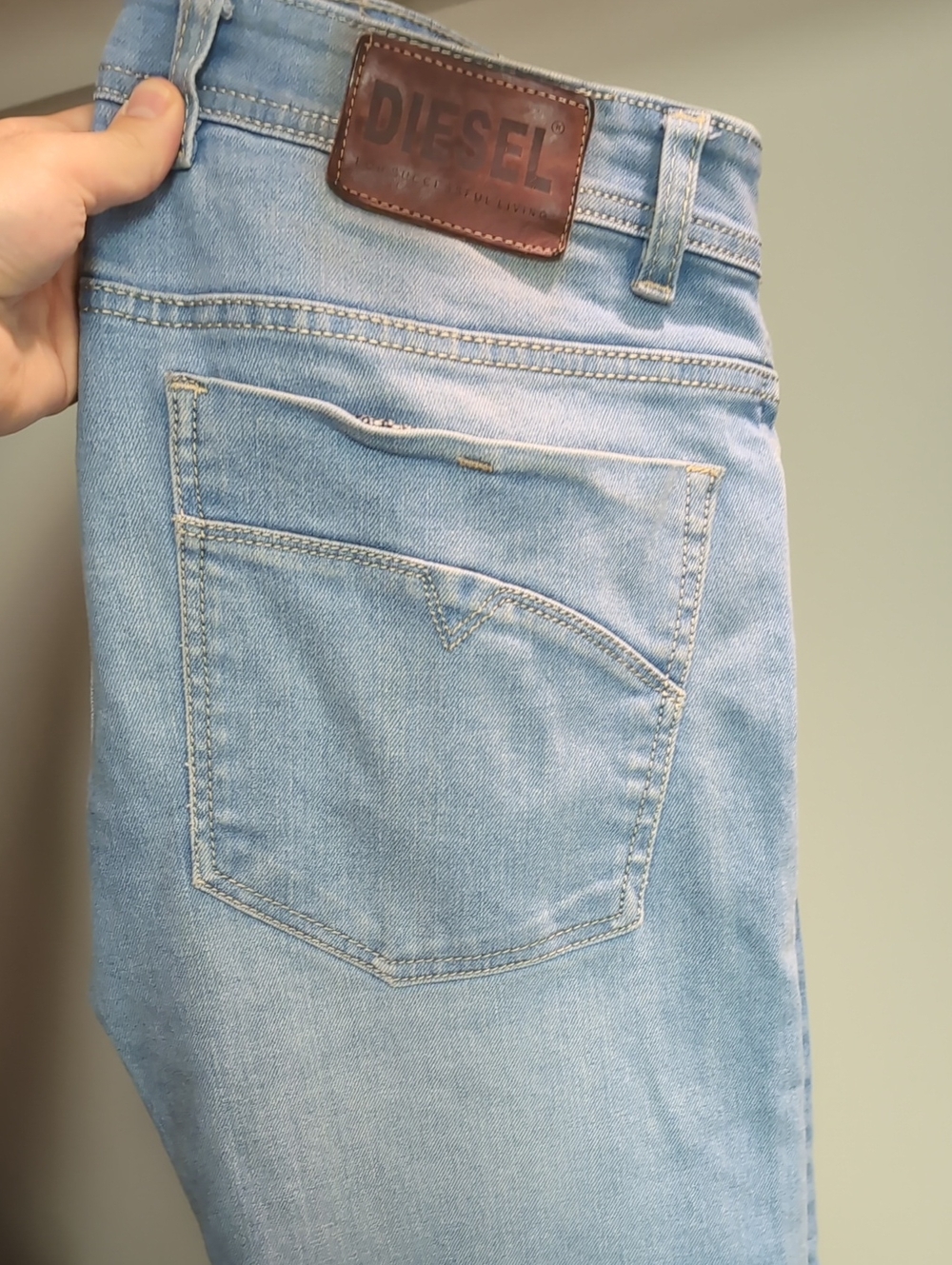 Diesel Light Blue Slim Straight Jeans with Leather Patch